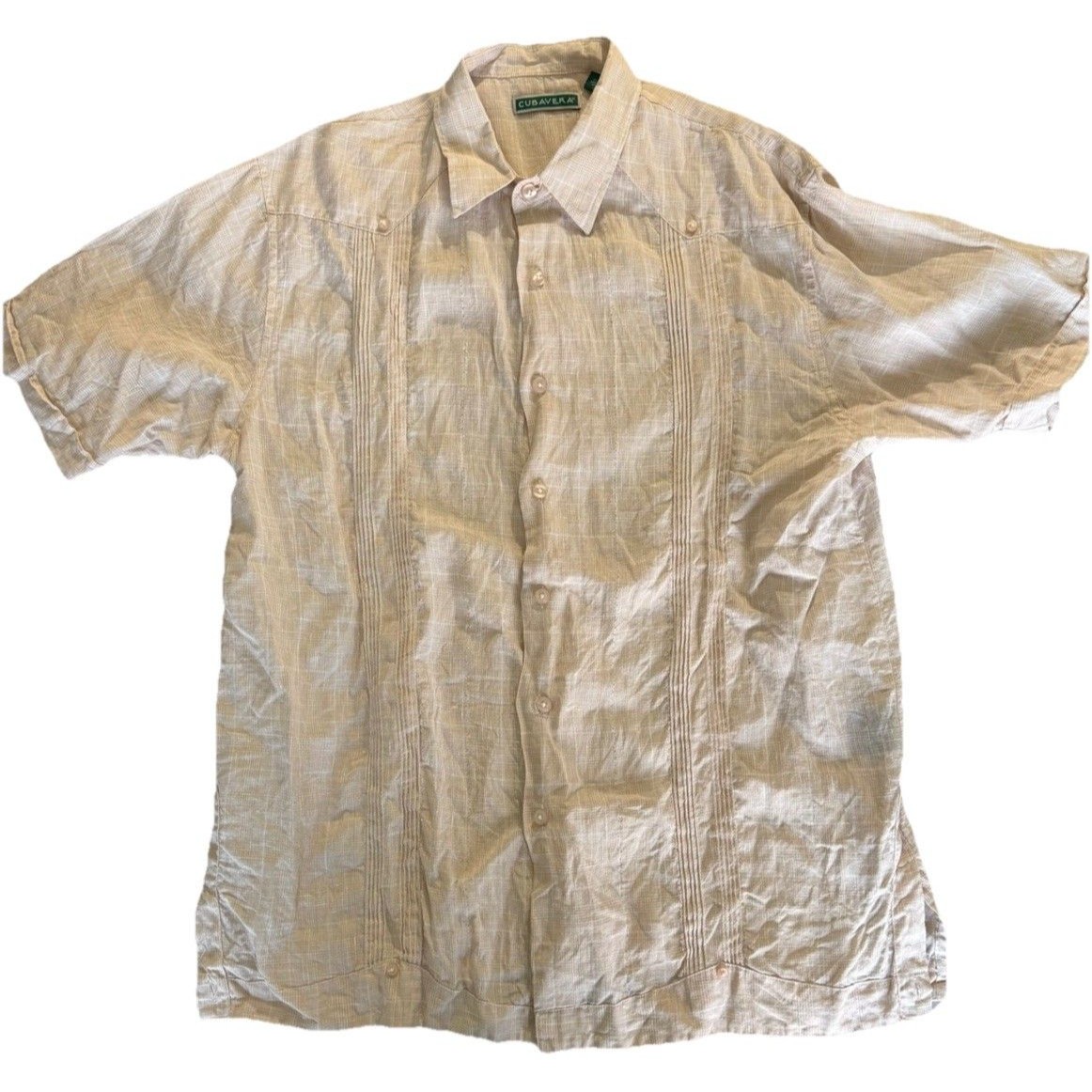 Cubavera Mens Large L Guayabera Shirt Short Sleeve Linen Blend Beige Button Up
